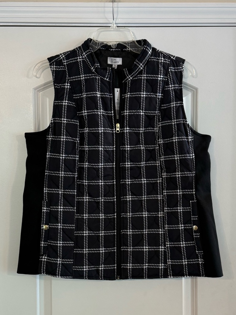 Kim Rogers Black & White Window Pane Core Vest  Quilted & Lined NWT Sz XL